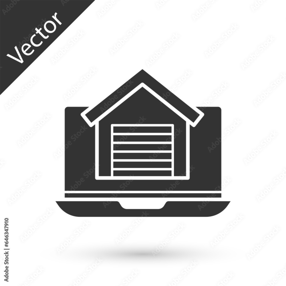 Grey Online real estate house on laptop icon isolated on white background. Home loan concept, rent, buy, buying a property. Vector Grey Online real estate house on laptop icon isolated on white background. Home loan concept, rent, buy, buying a property. Vector