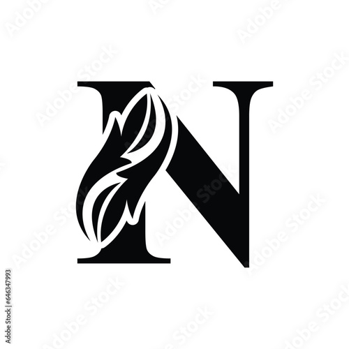 letter N. White and Black flower alphabet. Beautiful capital letters with shadow	
