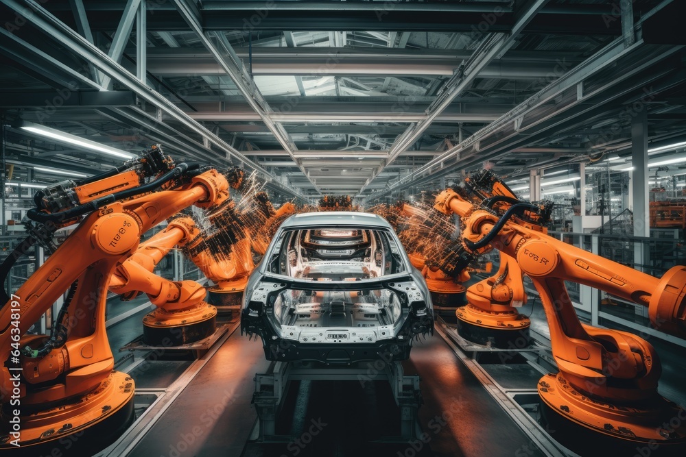 Modern car manufacturing factory, robotics in vehicle production - obrazy, fototapety, plakaty 