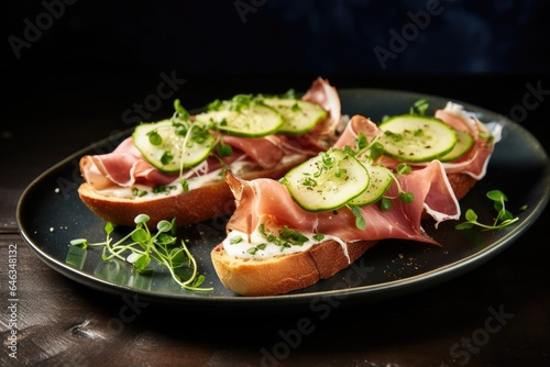 Sandwiches with cream cheese prosciutto cucumber and arugula on plate