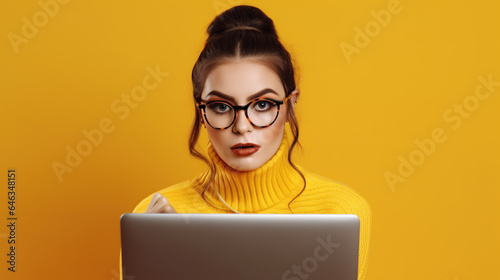 woman holding laptop isolated on empty background 