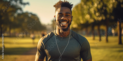 black jogger listens to music