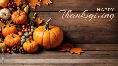 Festive Autumn Pumpkin Leaf and Fruit Border of happy thanksgiving day text photo