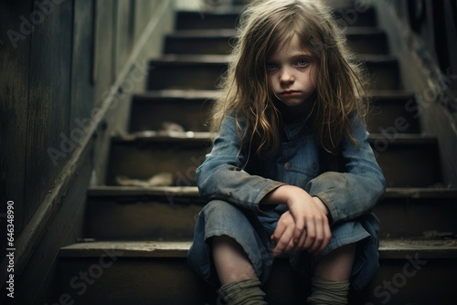 Sad little girl alone sitting stairs. Generate Ai © nsit0108