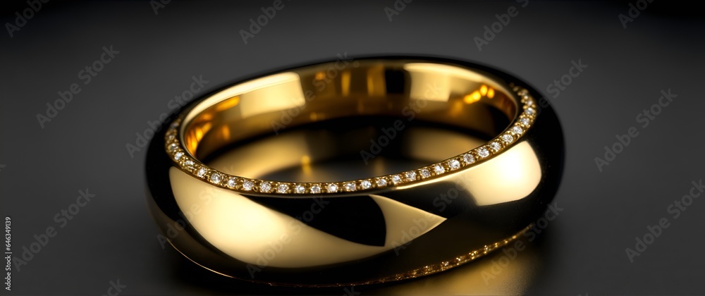 Close up of a golden ring with diamond on a plain black background from Generative AI