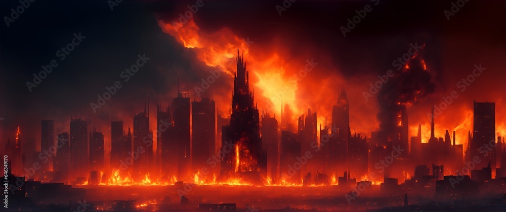 Burning apocalyptic city landscape at night from Generative AI