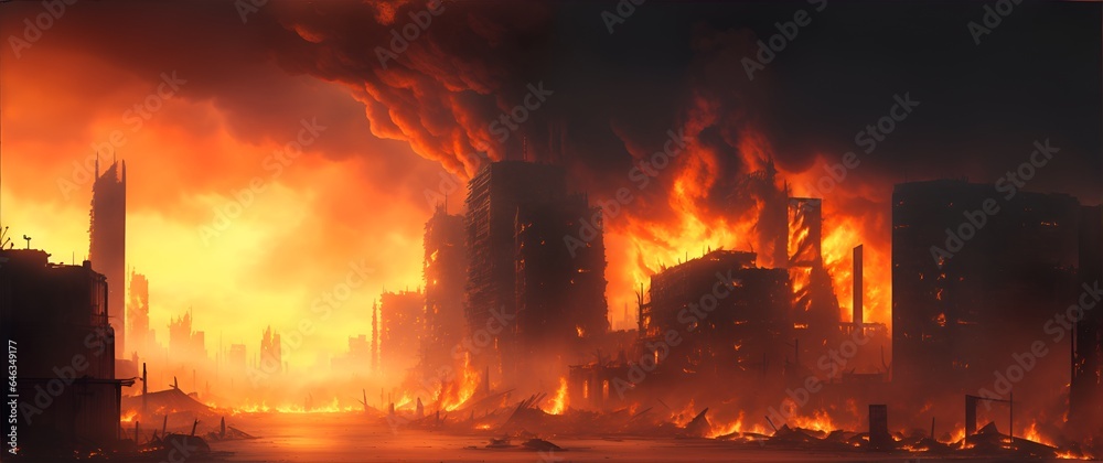 Burning apocalyptic city landscape from Generative AI
