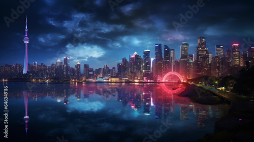 Futuristic River  metallic water  neon reflections  city skyline on the horizon  cyberpunk vibe