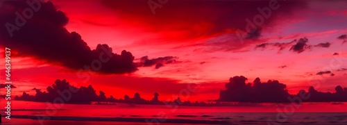 Beach at sunset with dramatic red clouds from Generative AI