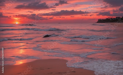 Beach at sunset with dramatic red clouds from Generative AI © Arceli