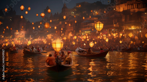 Ganges River during Diwali, floating lanterns and clay oil lamps on the water, crowded ghats in the background photo