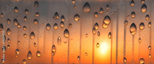 Mesmerizing patterns of water droplets on a clear glass window at sunset from Generative AI