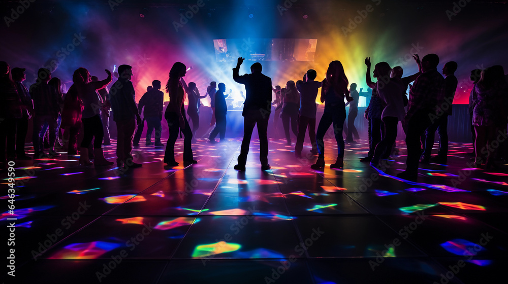 Neon - lit dance floor, pulsating lights, silhouettes of ecstatic dancers, DJ booth in the background, strobe lights, fog machine, immersive