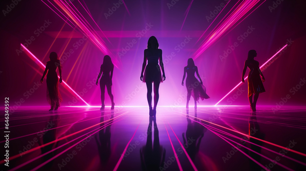 Neon - lit dance floor, pulsating lights, silhouettes of ecstatic dancers, DJ booth in the background, strobe lights, fog machine, immersive