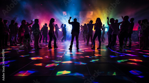 Obraz na płótnie Neon - lit dance floor, pulsating lights, silhouettes of ecstatic dancers, DJ bo