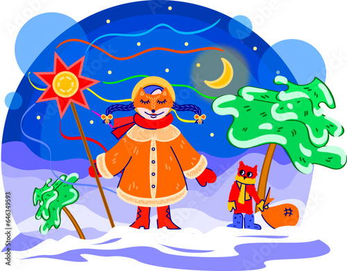 Girl with cat in winter clothes and singing carols and holding a Christmas star.