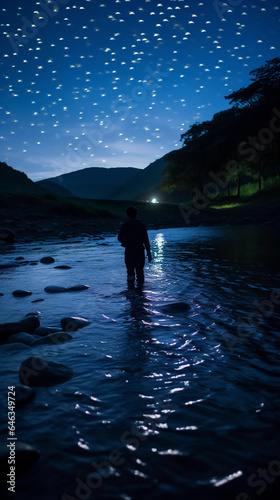 River in silhouette, moonlit water, iridescent fish patterns, starry sky, whimsical atmosphere