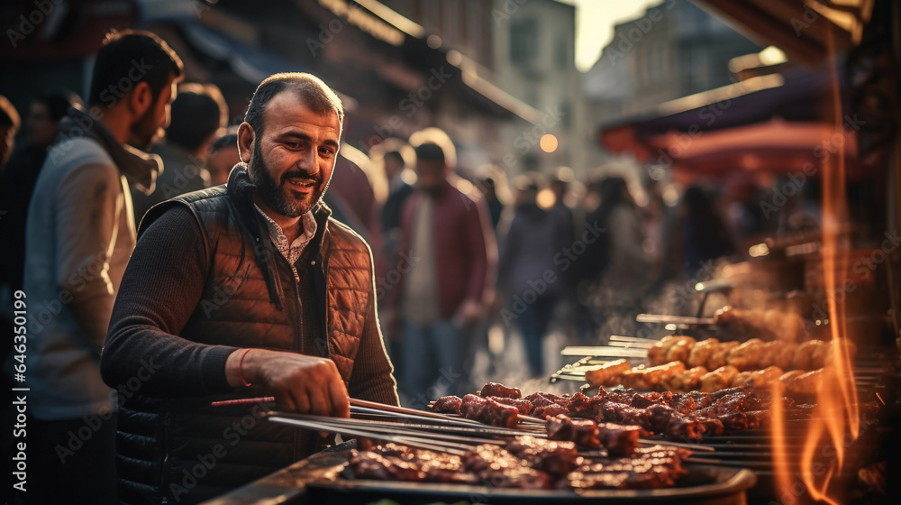 Street food scene in Istanbul, grilling lamb skewers, bustling bazaar in the background, aromatic spices in the air