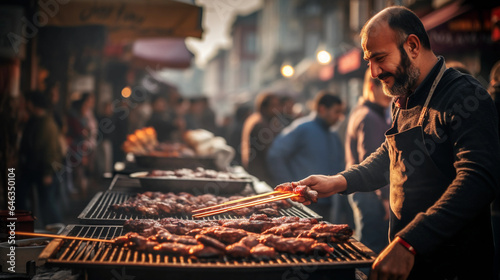 Street food scene in Istanbul, grilling lamb skewers, bustling bazaar in the background, aromatic spices in the air