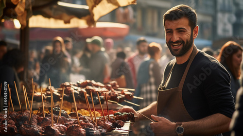 Street food scene in Istanbul, grilling lamb skewers, bustling bazaar in the background, aromatic spices in the air