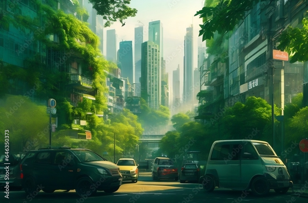 Naklejka premium AI art harmonizing urban life and nature in a dynamic 'Urban Jungle' scene
