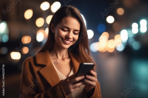 woman texting on mobile phone in the city at night