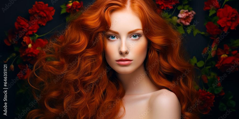 redhaired girl with gorgeous voluminous long dense hair on flowers background. hair dye, hairstyle