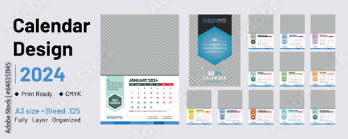 Wall Calendar Design 2024. Motivational, creative, unique, simple & modern design. Multiple pages A3 calendar with 13 unique pages. New trendy Horizontal calendar design template. 12 month calendar.