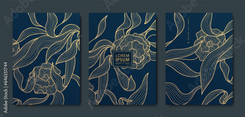 Vector japanese leaves art deco patterns. Floral golden elements template in vintage style. Luxury black line covers, flyers, brochures, packaging design, social media post, banners.
