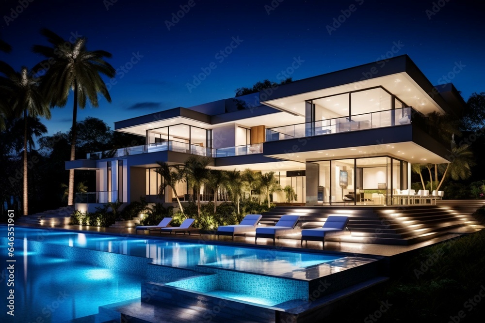 Stunning contemporary architect-designed house with pool and night lighting. Generative AI