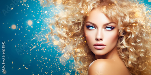 beauty blond woman with curly hair on blue, golden glitter background. hairstyle concept. free space