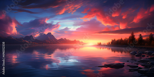 A painting of a sunset with trees in the foreground and the sun in the background, Sunrise photograph with lovely cloudscape over the water, generative Ai