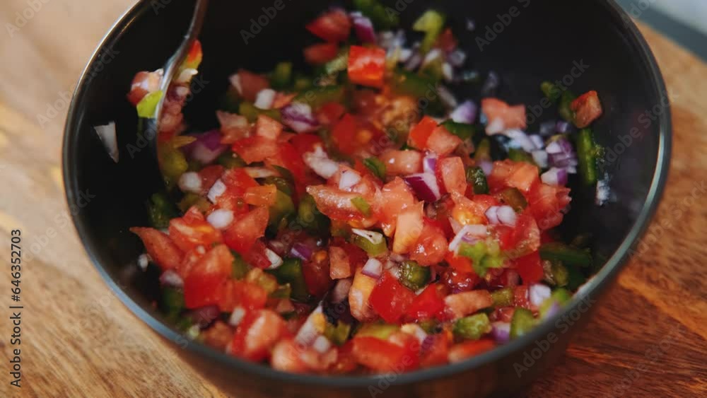 Stirring in the green pepper tomato sauce and red onion. Mexican cuisine. Close-up shot of table. Cooking in the kitchen. Stirring in the green pepper tomato sauce and red onion. Mexican cuisine. Close-up shot of table. Cooking in the kitchen.