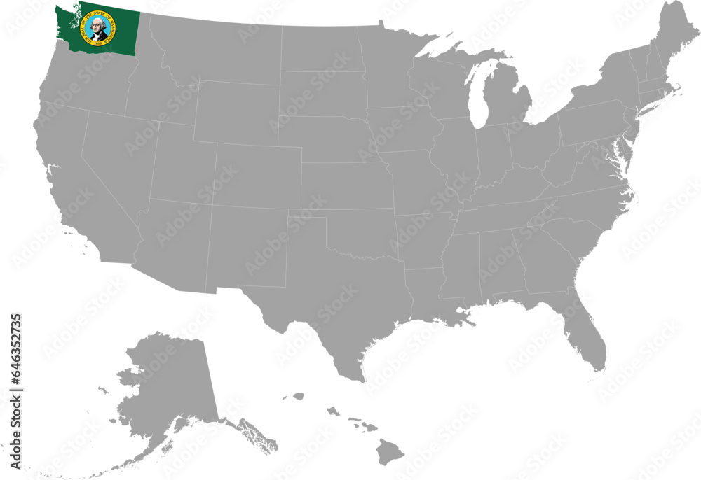 Obraz premium Map of US federal state of Washington with state flag within gray map of United States of America