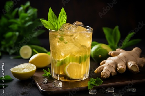 Refreshing beverage with ginger flavor and a mix of sweet and sour notes. Ideal for cocktails, kombucha, and iced lemonade. Generative AI