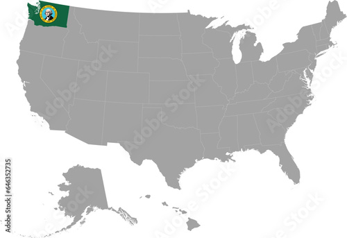 Map of US federal state of Washington with state flag within gray map of United States of America