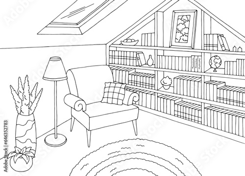 Attic library graphic black white interior sketch illustration vector