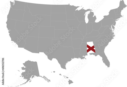 Map of US federal state of Alabama with state flag within gray map of United States of America