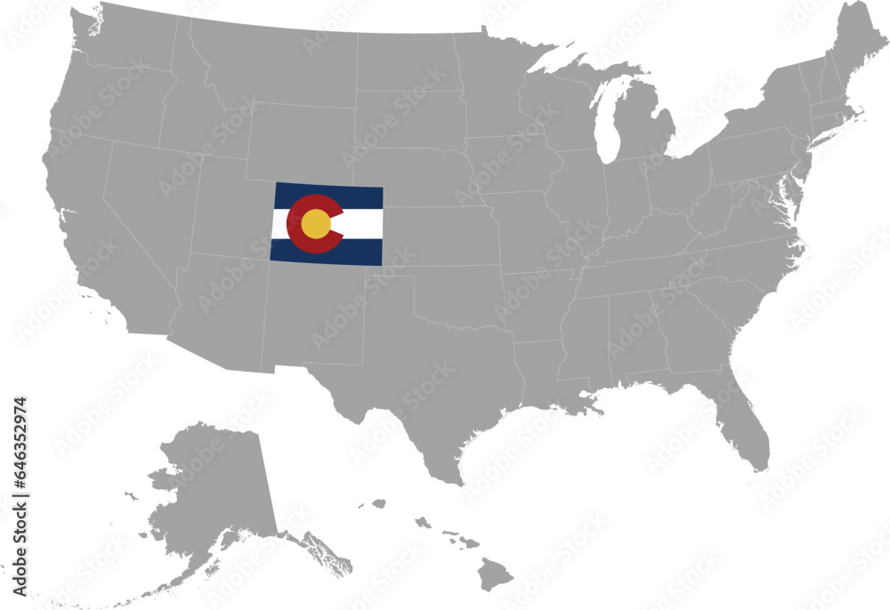 Obraz premium Map of US federal state of Colorado with state flag within gray map of United States of America