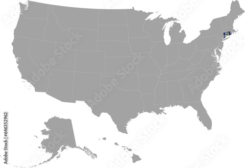 Map of US federal state of Connecticut with state flag within gray map of United States of America
