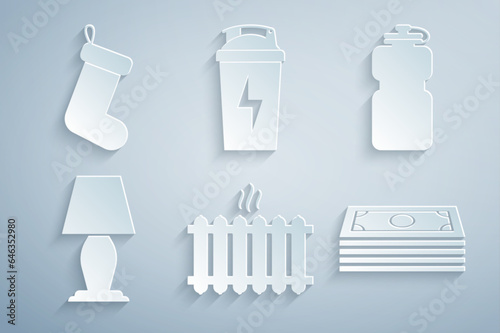 Set Heating radiator  Sport bottle with water  Table lamp  Stacks paper money cash  Fitness shaker and Christmas sock icon. Vector