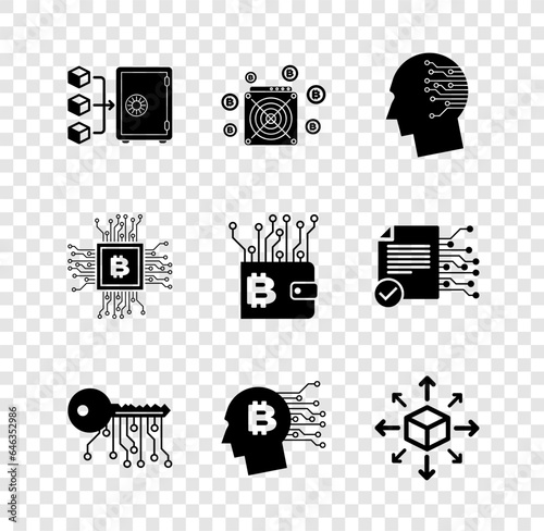 Set Proof of stake, ASIC Miner, Brain as digital circuit board, Cryptocurrency key, Bitcoin think and Distribution icon. Vector