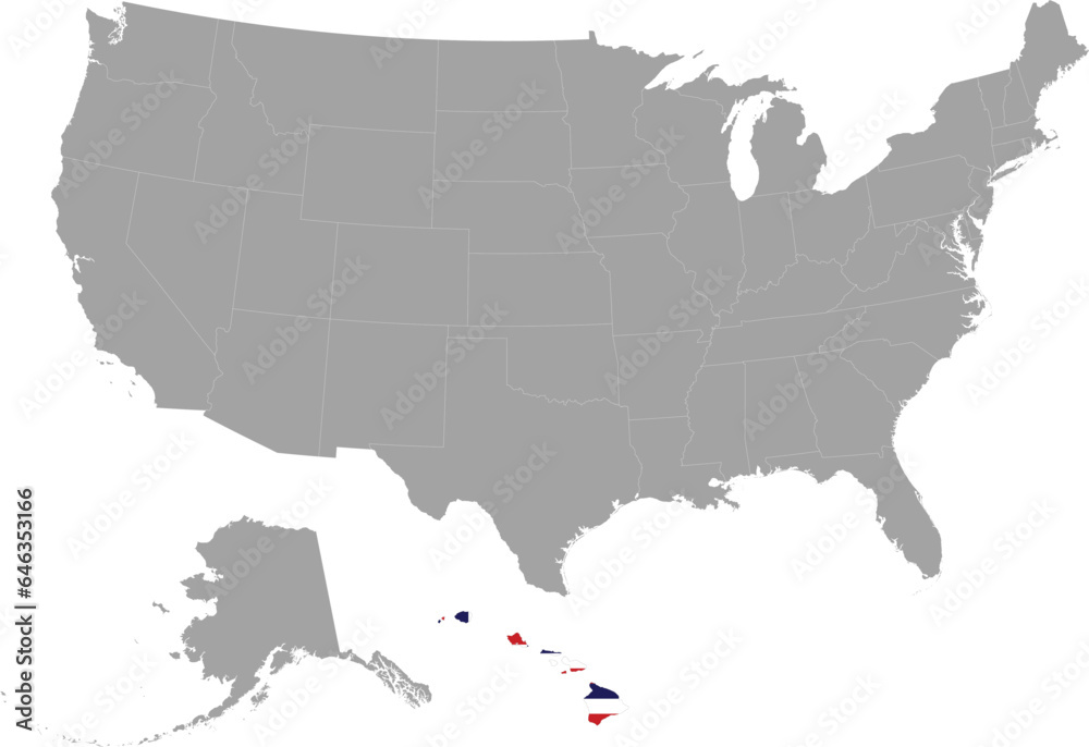 Obraz premium Map of US federal state of Hawaii Islands with state flag within gray map of United States of America
