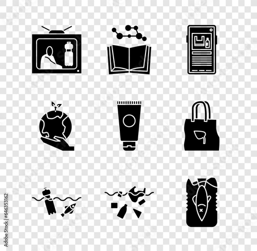 Set Stop plastic pollution, Open book, Problem of the ocean, planet, Hand holding Earth globe and Cream cosmetic tube icon. Vector