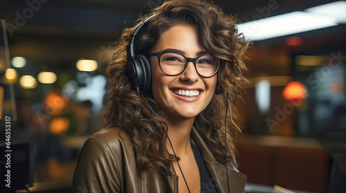Portrait of smiling woman with glasses and headphones