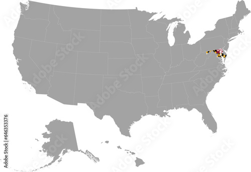 Map of US federal state of Maryland with state flag within gray map of United States of America