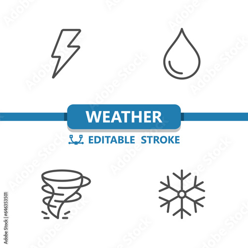 Weather Icons. Lightning Bolt, Storm, Rain, Raindrop, Droplet, Tornado, Twister, Snowflake Vector Icon