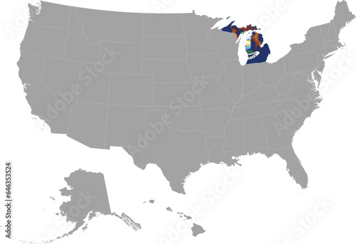 Map of US federal state of Michigan with state flag within gray map of United States of America