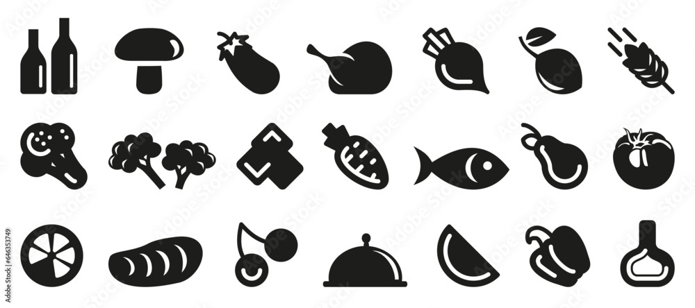 Foodstuff icon collection in black. Food icon set. Chicken, meat, fruits, vegetables icons set