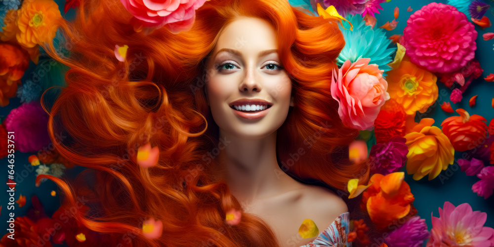 redhaired girl with gorgeous voluminous long dense hair on flowers background. hair dye, hairstyle